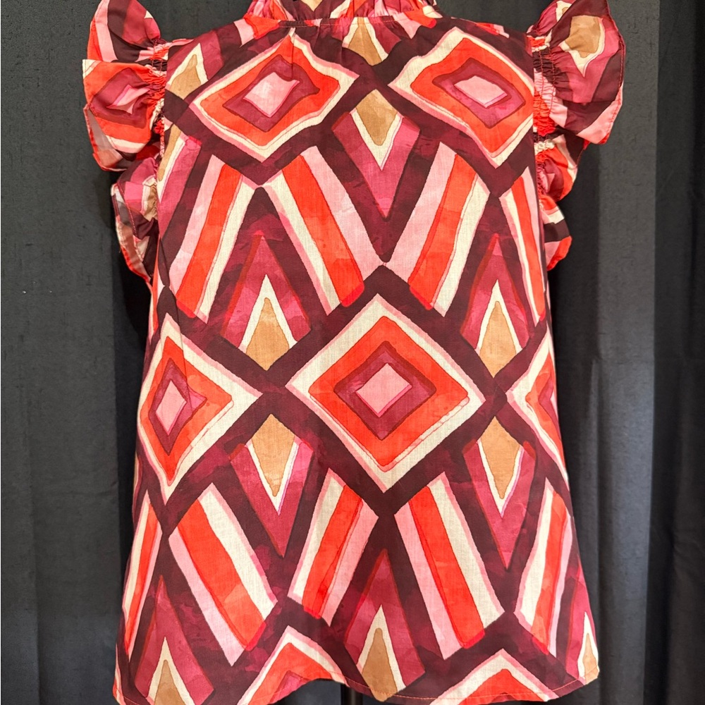 THML Diamond Pattern Ruffle Sleeve Blouse - Orange and Pink